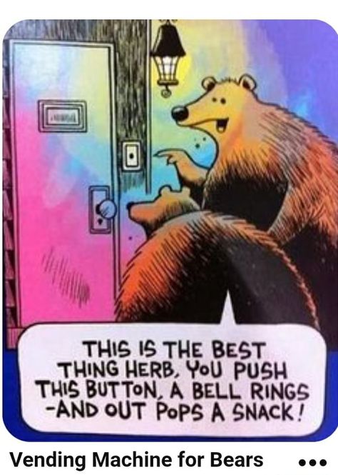 THIS IS THE BEST THING HERB, YoU PUSH THIS BUTTON, A BELL RINGS -AND OUT PoPS A SNACK Vending Machine for Bears eee – popular America’s best pics and videos on the site https://americasbestpics.com Funny Bears, Funny Animal Jokes, Memes Humor, Twisted Humor, Animal Jokes, Pics Art, A Cartoon, Funny Cartoons, Funny Signs