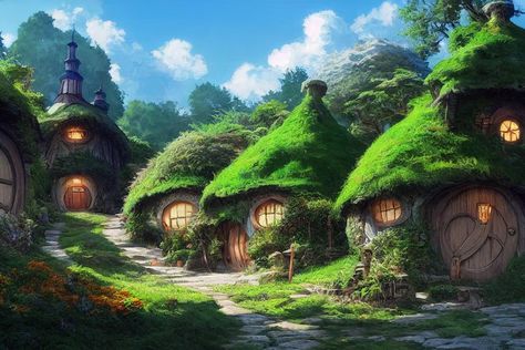 Hobbit Village, Gnome Village, Fantasy Settings, Casa Hobbit, Forest Village, Farm Village, Fantasy Village, Jungle House, Fairy Village