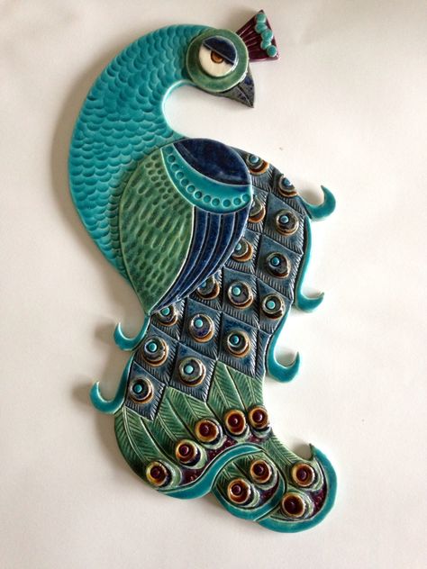 Peacock Ceramics, Peacock Pottery, Bird Ceramics, Clay Peacock, Ceramic Peacock, Ceramic Wall Art Sculpture, Clay Birds, Pottery Animals, Ceramic Wall Decor