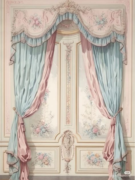 Victorian Pastel Aesthetic, Marie Antoinette Color Palette, Bridgerton Aesthetic Decor, Rococo Room Decor, Ever After High Bedroom, Marie Antoinette Aesthetic Bedroom, Pastel Victorian Aesthetic, Bridgerton Bedroom Aesthetic, Castle Curtains