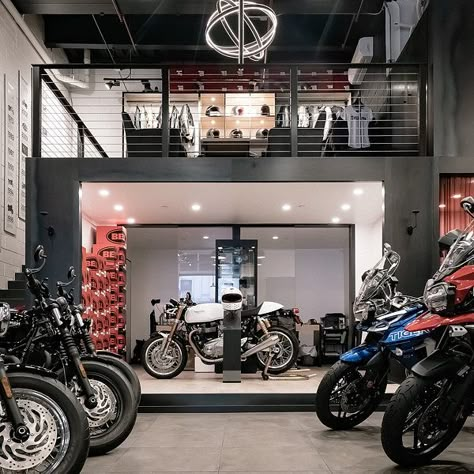 Motorcycle Shop Interior, Showroom Design Ideas, Motorcycle Shop Ideas, Motorcycle Shop Design, Namjoon Ff, Motorbike Shop Interior Design, Motorcycle Accessories Shop Interior, Motorcycle Showroom Design, Motorcycle Showroom Interior