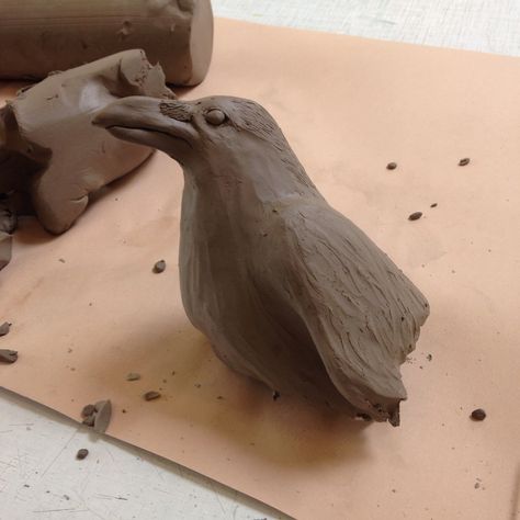 This is the first photo I had taken of my most recent project. I'm working on creating a Raven from Buff Clay. I wish to sell it once completed. Ceramic Raven Sculpture, Crow Clay Sculpture, Clay Gargoyles, Raven Ceramic, Ceramic Raven, Clay Raven, Crow Sculpture, Sculpting Projects, Sculpture Workshop