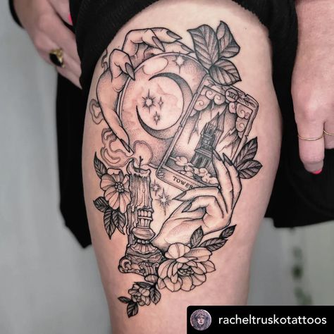 Skull Shin Tattoos For Women, Tarot Card Inspired Tattoos, The Empress Tattoo Ideas, Aquatofana Tattoo, Witch Sleeve Tattoo, Inner Calf Tattoos For Women, Tarot Cards Tattoo Ideas, Empress Tarot Card Tattoo, Tattoo Tarot Cards