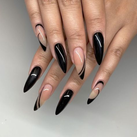 Nails Black Accent, Black Nail Art Elegant, Elegant Black Nails Classy, Nude And Black Nail Designs, Stiletto Black Nails, Black Almond Nails Designs, Nude And Black Nails, Stiletto Nails Design, Black And Nude Nails