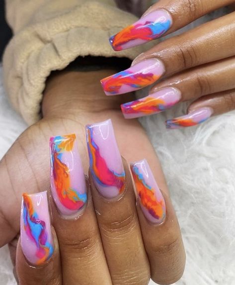 Marble Nails Different Colors, Multicolor Marble Nails, Marble Neon Nails, Marble Nails Multicolor, Marble Nails Bright Colors, Rainbow Marble Nails Acrylic, Nails Multicolor, Nail Polish Rack, Abstract Nail