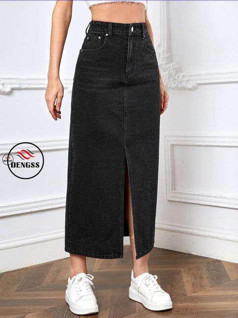 Plain Black Skirt, Denim Skirts Online, Khaki Style, Denim Skirt Outfits, Clothing Model, Cute Modest Outfits, Long Kurti Designs, Womens Denim Dress, Long Denim Skirt