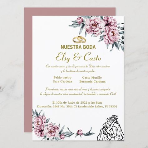 Spanish Wedding Invitations, Pink Wedding Theme, Formal Wedding Invitations, Wedding Anniversary Invitations, Anniversary Invitations, Simple Wedding Invitations, Create Your Own Invitations, Wedding Announcements, Floral Wedding Invitations