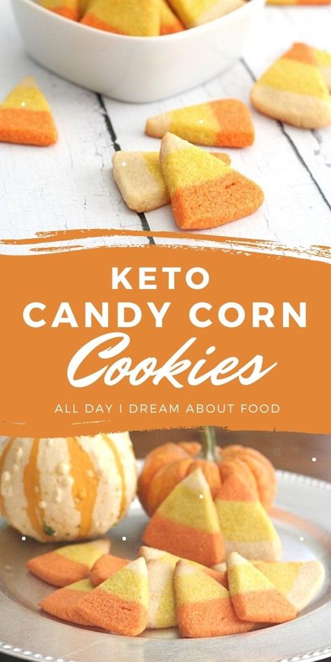 Fun sugar-free Halloween treats! These low carb candy corn cookies appeal to the kid in all of us. Keto Candy Corn, Keto Halloween Party Food, Low Carb Halloween Treats, Sugar Free Halloween Treats, Keto Halloween Treats, Keto Halloween Recipes, Healthy Candy Corn, Sugar Free Christmas Treats, Keto Sugar Cookies