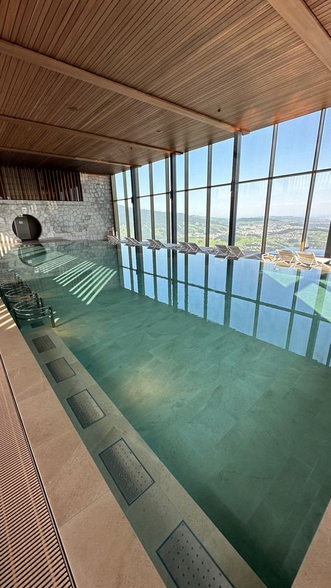 Large indoor pool with full height glass wall to rear with Swiss Mountain View’s. Spa Building Exterior, Spa Exterior Design Architecture, Luxury Fitness Center, Swimming Pool In Hotel, Spa Center Architecture, Thermal Spa Architecture, Luxury Spa Resort, Lake Lucerne Switzerland, Rocco Forte Hotels