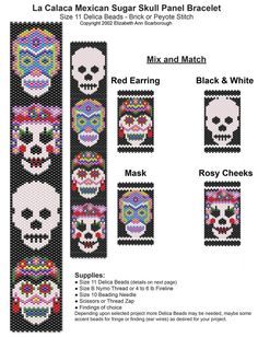 La Calaca Mexican Sugar Skull Panel Bracelet | Bead-Patterns.com Decorated Skulls, Halloween Jewelry Diy, Beaded Dragonfly, Mexican Sugar Skull, Beaded Banners, Beads Craft Jewelry, Bead Weaving Tutorials, Bead Loom Pattern, Brick Stitch Pattern