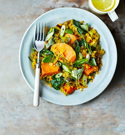 Spinach, sweet potato  lentil dhal | BBC Good Food Middle East Spinach Sweet Potato, Lentil Dhal, Ella Vegan, Veggie Curry, Dhal Recipe, Sweet Potato Spinach, Vegetarian Curry, Bbc Good Food, Bbc Good Food Recipes