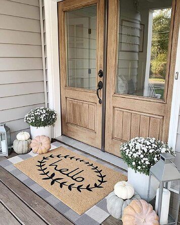 Southern Living House Plans Farmhouse, Gingham Rug, Layered Door Mats, Porch Decor Fall, Porch Farmhouse, Farmhouse Grey, Southern Living House, Southern Living House Plans, Plaid Rug