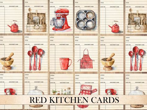 VINTAGE KITCHEN LIBRARY CARDS FOR JUNK JOURNALS AND SCRAPBOOKING (Digital Instant Download) These fussy-cut pieces work great as cute scraps for junk journals and are perfect for your antique projects. You get four sheets (large and small sizes) decorated with vintage-style library cards with red kitchenware images on them. All you have to do is download and print! You can also get creative with these cards and use them as gift tags or on greeting cards, make a collage, use them for notes or scr Vintage Scrapbook Ideas Free Printables, Vintage Recipe Cards, Kitchen Library, Library Cards, Recipe Scrapbook, Junk Journal Supplies, Vintage Library, Recipe Books, Journal Supplies