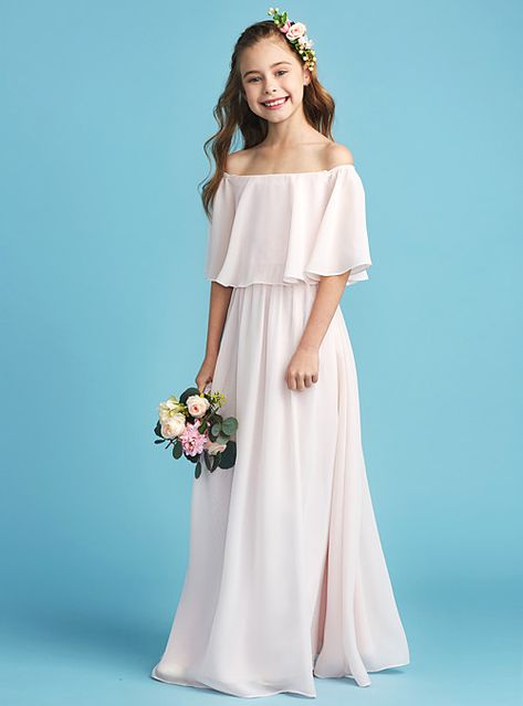 A-Line Off Shoulder Floor Length Chiffon Junior Bridesmaid Dress with Pleats by LAN TING BRIDE® 2019 - US $59.99 Dress For Kids 12 Wedding, Little Bridesmaids Dresses Kids Elegant, April Bridesmaid Dresses For Kidd, Bridesmaid Dresses Age 7, Brides Maids Dresses Kids, Boho Kids Maid Of Honor Dress, Maid Of Honor Kids Dress, Dress For Kids 12-13 Wedding, Young Bridesmaid Dresses Pink