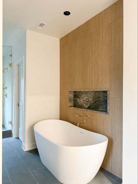 Wall Behind Tub Master Bath, Wood Tile Feature Wall Bathroom, Wood Tile Accent Wall, Accent Wall Behind Bathtub, Accent Wall Behind Soaking Tub, Accent Wall Behind Tub, Freestanding Bathtub Accent Wall, Tile Accent Wall Behind Freestanding Bathtub, Wood Wall Behind Bathtub