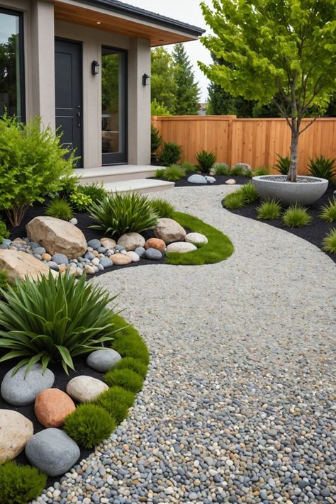 20 Modern Front Yard Landscaping Ideas - Toolz Geek Small Front Yard Ideas Modern, Front Yard Landscaping Farmhouse Style, Minimal Front Landscaping, Lawn Free Front Yard Landscaping Ideas, Front Yard Landscaping Minimalist, Front Entrance Landscape Ideas, Minimal Grass Front Yard, Cement Landscaping Ideas, Front Yard Landscaping Plans Layout