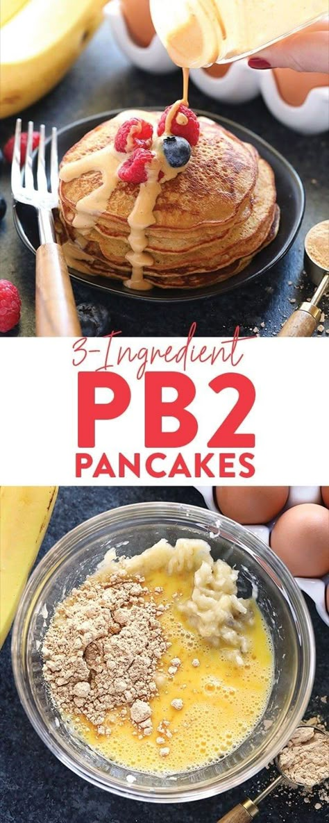 3-Ingredient PB2 Pancakes - Fit Foodie Finds Pb2 Pancakes, Peanut Butter Powder Recipes, Pb2 Recipes, Low Carb Pancake Recipe, Peanut Butter Pancakes, Desayuno Keto, Butter Powder, Peanut Flour, Low Carb Pancakes