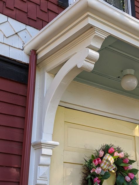 Porch Corbels, Corbels Exterior, Southern Eclectic Decor, Door Pergola, Door Overhang, Ornamental Wood, Craftsman Door, House Outer Design, House Trim