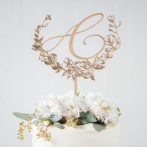 Custom Cake Topper Floral Monogram Wedding Cake Topper-Laser Rustic Favors, Cake Topper Wedding Monogram, Monogram Wedding Cake, Church Catholic, Floral Cake Topper, Wedding 101, Monogram Cake Toppers, Wedding Cake Tops, Wedding Hacks