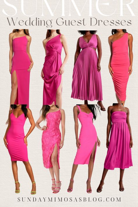 Wedding season is upon us! Here are our top Summer picks for bright pink wedding guest dresses. A mix of fun, formal and cocktail dresses for any wedding! For more wedding guest dresses and wedding guest fashion click here! Semi Formal Wedding Attire, Wedding Guest Fashion, Pink Wedding Guest Dresses, Bright Pink Wedding, Hot Pink Cocktail Dress, Formal Wedding Attire, Pleated Satin Dress, Barbie Pink Dress, Summer Cocktail Dress