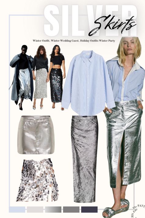 Women wearing silver skirts, sequin skirts, and metallic skirts. Silver Satin Shirt Outfit, Silver Skirt Styling, Shine Skirt Outfit, Silver Denim Skirt, Silver Skirt Outfit Party, Silver Skirt Outfit Ideas, Silver Leather Skirt Outfit, Silver Maxi Skirt Outfit, Skirt 2024 Trend