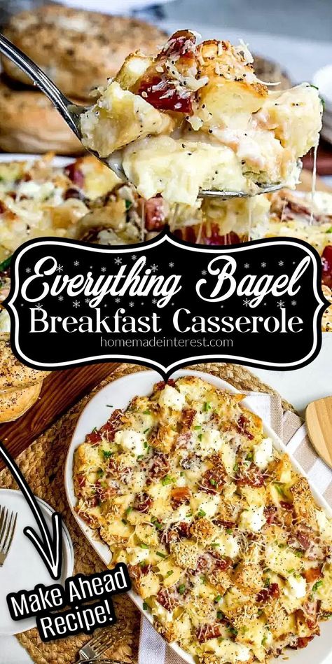 This everything bagel make ahead breakfast casserole that is an easy brunch recipe for the holidays from Home. Made Interest. This easy recipe uses bagels, cheese, and bacon for a brunch or breakfast idea that everyone will love! Make this easy breakfast casserole for Christmas or New Year's brunch, or any special occasion. Bills Breakfast Casserole, Breakfast Bagel Casserole, Freezer Friendly Breakfast Casserole, Breakfast Bundt Casserole, Bundt Breakfast Casserole, Bagels Breakfast Ideas, Make Ahead Egg Bake, Everything Bagel Casserole, Everything Bagel Breakfast Casserole