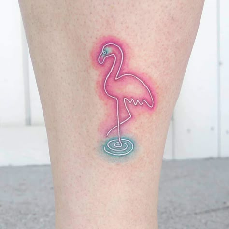 Pink Flamingo Tattoo Ideas, Palm Tree Flamingo Tattoo, Small Flamingo Tattoo, Neon Tattoos, Flamingo Tattoos, Glow Tattoo, Ems Tattoos, Pearl Tattoo, Colour Tattoo For Women