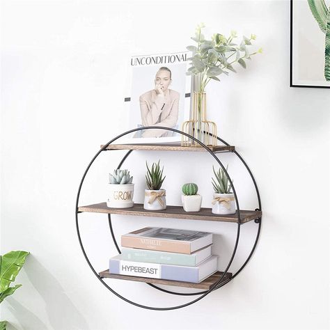 Circle Wall Shelf, Wood And Metal Shelves, Round Wall Shelves, Hanging Storage Shelves, Circle Shelf, Shelf Industrial, Round Shelf, Kitchen Wall Shelves, Wall Shelving Units