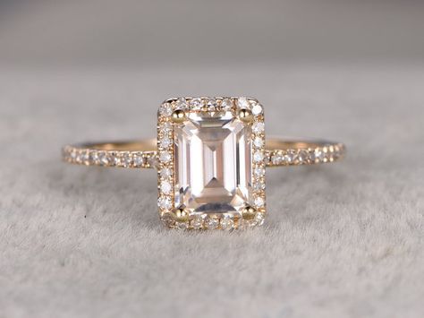 Diamond Ring With Emerald, Ring With Emerald, Trending Engagement Rings, Emerald Cut Engagement, Emerald Cut Moissanite, Ring Trends, Moissanite Diamond Rings, Emerald Engagement Ring Cut, Gold Halo