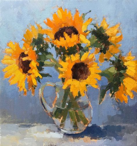 Clare Bowen Artist Clare Bowen, Sunflowers Painting, Oil Painting Still Life, Soft Pastels Drawing, Glass Jug, Sunflower Painting, Impressionist Art, Painting Still Life, Blue And Yellow