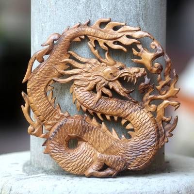 UNICEF Market | Hand Carved Suar Wood Balinese Dragon Relief Panel - Dragon of Fire Bois Intarsia, Wood Dragon, Fiery Dragon, Fu Dog, Dragon Decor, Wood Carving Designs, Wood Carving Patterns, Dragon Pictures, Carving Designs