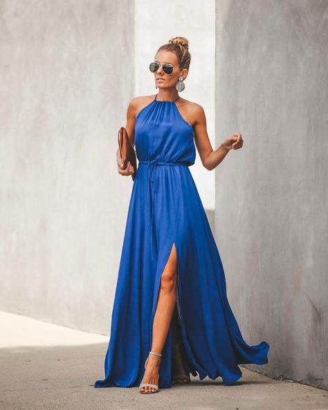 Royal Blue Maxi Dress Outfit, Royal Blue Dress Accessories, Blue Maxi Dress Outfit, Royal Blue Halter Dress, Blue Wedding Guest Outfits, Royal Blue Dress Outfit, Royal Blue Maxi Dress, Blue Dress Outfits, Blue Halter Dress