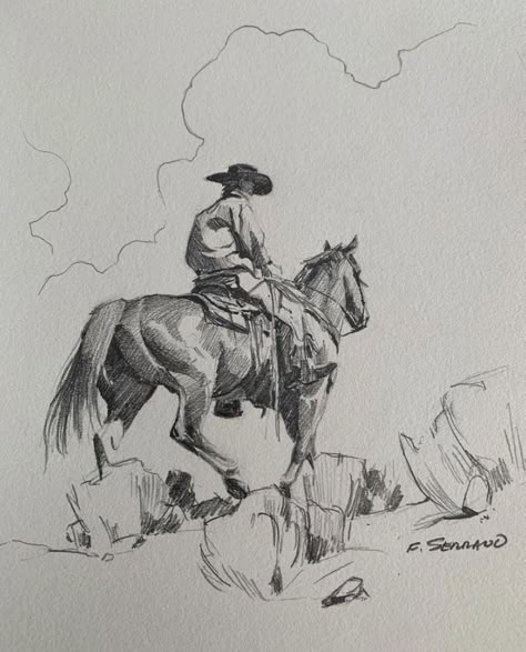 Cowboy Ink Drawing, Cowboy Sketches Pencil, Western Ink Drawing, Old Western Drawings, Cowboy On Horse Drawing, Cowboy Drawing Reference, Horse Sketch Pencil, Cowboy Art Drawing, Horse Drawing Reference