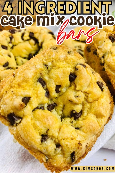 Indulge in these Cake Mix Cookie Bars made with only 4 simple ingredients. Enjoy fluffy cookie bars filled with delicious chocolate morsels in every bite. Perfect for a quick and easy treat! 4 Ingredient Cake, Bars Dessert Recipes, Easy Bake Recipes, Yellow Cake Mix Cookies, Bars With Chocolate Chips, Medical Nutrition Therapy, Cracked Cookies, Cake Mix Bars, Yellow Cake Mix Recipes