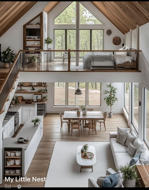 Aesthetic Loft House, Small House With Loft Minimalist, Tiny Home Big Windows, Tiny Home With Large Loft, Tiny House Double Loft Stairs, Loft House Design, Tiny House Layout, Tiny House Loft, Loft House