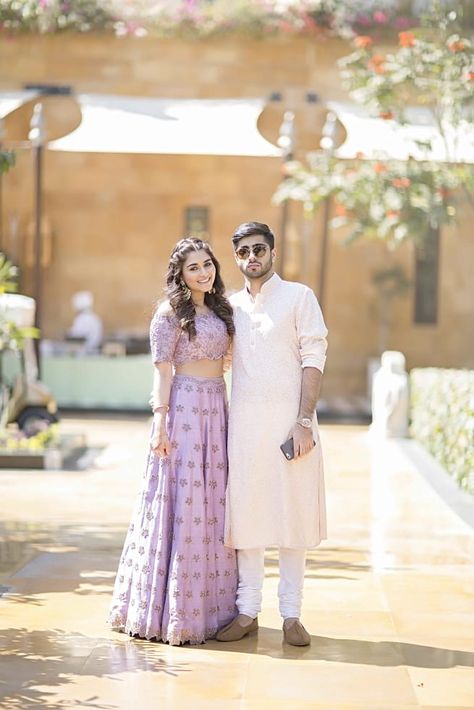 Kresha & Vanraj Lavender Couple Outfits, Engagement Outfits Indian, Kresha Bajaj, Lavender Lehenga, Engagement Dress For Groom, Engagement Dress For Bride, Indian Engagement, Indian Wedding Gowns, Couple Wedding Dress