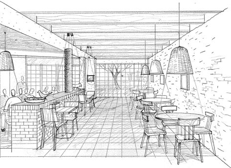 Cafe Design Drawing, Restaurant Drawing Sketch, Restaurant Sketch, Cafe Drawing, Sketch Restaurant, Interior Architecture Sketch, Interior Design Sketchbook, Perspective Sketch, Furniture Design Sketches