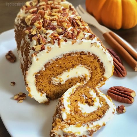 Pumpkin Roll With Cream Cheese Filling With Nuts Pecans, Pecan Pumpkin Dessert, Pumpkin Roll Decorated, Thanksgiving Cake Roll Recipes, Pumpkin Roll With Pecans, Pumpkin Cake Roll With Cream Cheese, Pumpkin Cheesecake Roll, Thanksgiving Roll Cake, Fall Cake Roll