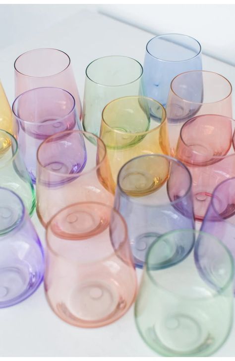 Estelle Wine Glasses, Bridal Shower Colorful, Airstream Design, Phoebe Wedding, Coastal Bachelorette, Colored Wine Glasses, Kitchen Set Up, Colored Glassware, Concept Shop