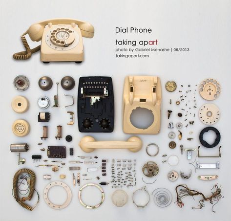 Phone Knolling Photography, Dial Phone, Things Organized Neatly, Flat Lay Inspiration, Exploded View, Vintage Telephone, Diy Photography, Take Apart, Green Design