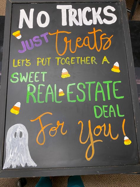 Fall Leasing Office Decor, Real Estate Expo Booth Ideas, Halloween Chalkboard Art, Property Management Marketing, Real Estate Marketing Gifts, Sandwich Board Signs, Realtor Tips, Marketing Gifts, Resident Retention