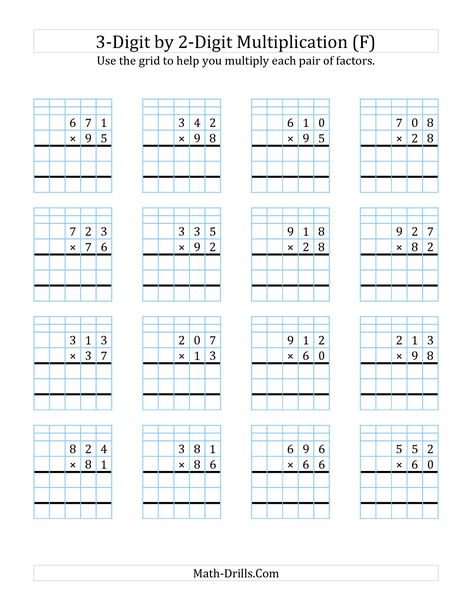 The 3-Digit by 2-Digit Multiplication with Grid Support (F) math worksheet from the Long Multiplication Worksheet page at Math-Drills.com. Long Multiplication Worksheets, Multiplication Grid, Long Multiplication, Two Digit Multiplication, Printable Multiplication Worksheets, Math Multiplication Worksheets, Multiplication Worksheet, Multi Digit Multiplication, Math Fact Worksheets