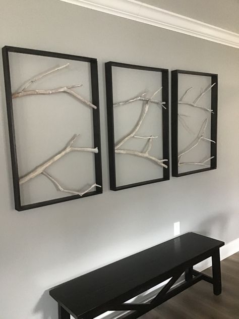 Tryptich Wall Art, Hanging Tree Branch Decor, Framed Branches Diy, Tryptich Art Ideas, Tree Branch Frame, Stairway Picture Wall, Stick Wall Hanging Tree Branches, Stairway Pictures, Tree Branch Family Tree Wall Art