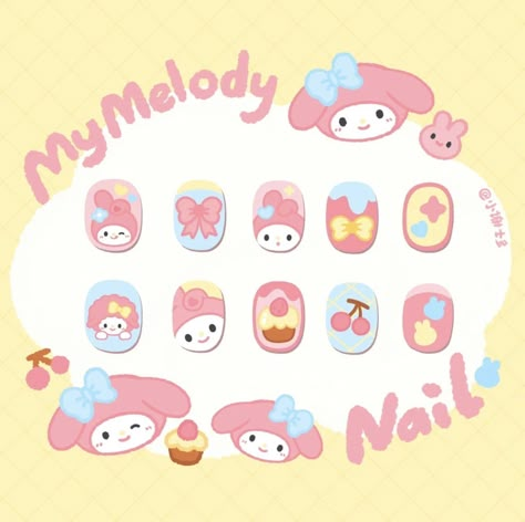 My Melody Nail Art, Melody Nail Art, My Melody Nails, Pikachu Nails, School Stickers Labels, Cute Manicure, Hello Kitty Nails Art, Kawaii Kuromi, Kids Nail Designs