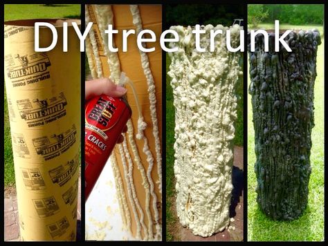 DIY tree trunk using Great Stuff spray foam (found in the caulking aisle), concrete tube molds, and spray paint (Rustoleum Camouflage is best, no gloss). Easy to do but the foam is super, super sticky and I highly suggest using rubber gloves. Hold the tube on its side to form your lines and go slowly.  Allow to set for at least a day before you paint them. The paint will expand if you don't allow the foam to set correctly. Diy Tree Trunk, Diy Stage, Fake Trees, Diy Tree, Spray Foam, Rubber Gloves, Tree Trunks, Geocaching, Foam Crafts