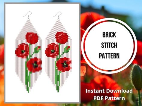 Lovely Collection of Beaded Fringe Earrings Patterns by HelenBeadPatterns - The Beading Gem's Journal Poppy Earrings, Free Jewellery Making Tutorials, Red Flower Earrings, Fringe Earring, Brick Stitch Earrings, Brick Stitch Pattern, Flower Earring, Seed Bead Patterns, Beaded Earrings Patterns