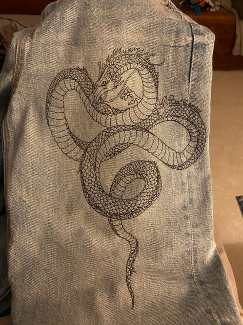 Chinese style dragon on jeans. Sharpie fine tip marker. 2022 Chinese Dragon Jeans, Dragon Jeans, Personalised Clothing, Chinese Dragon, Personalized Clothes, Chinese Style, Burlap Bag, Reusable Tote Bags, Tote Bag