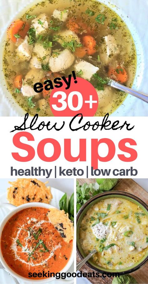 Keto soup recipes in your slow cooker that are easy, low carb and ketogenic. The 30+ BEST keto soup recipes made in your crockpot. Crockpot soup recipes are the perfect healthy comfort food to keep you warm on chilly nights. Easy weeknight dinners – chicken soups, chili, tomato soup, chicken enchilada soup, beef soup, Mexican soup recipes, Italian soups, and more! #crockpot #soup #slowcooker #keto #ketogenic #ketosoup #ketorecipes #seekinggoodeats Best Low Carb Soup Recipes, Slow Cooker Keto Soup Recipes, Keto Crockpot Recipes Soup, Instant Pot Low Carb Soup Recipes, Thm Crockpot Soup Recipes, Lowcarb Crockpot Recipes Easy, Slow Cooker Low Carb Soup, Keto Hearty Soup Recipes, Carb Friendly Soups