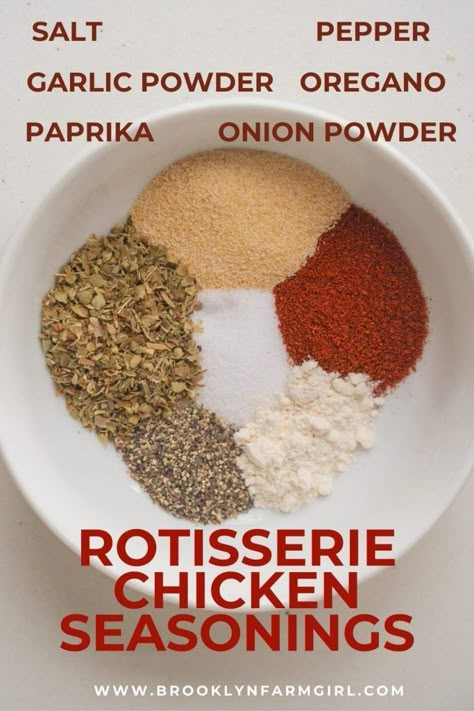 How to Make Rotisserie Chicken in the Oven - Brooklyn Farm Girl Rotisserie Chicken In The Oven, Roast Chicken Seasoning, White Sauce Lasagna, Rotisserie Chicken Seasoning, Chicken Seasoning Recipes, Chicken In The Oven, Pre Cooked Chicken, Whole Roasted Chicken, Homemade Seasonings