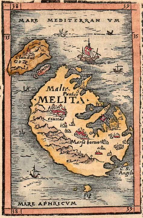 MALTA || Michael Jennings Antique Maps and Prints. Attractive map ofMalta set into a sheet of text, is one of the earliest available maps of the strategically important Mediterranean islands of Malta and Gozo. The woodblock map shows the ports and cities and is surrounded by several ships. Malta Map, Cool Maps, Map Projects, Malta Gozo, Illustrated Maps, Drawn Map, Island Map, Treasure Map, Ancient Maps